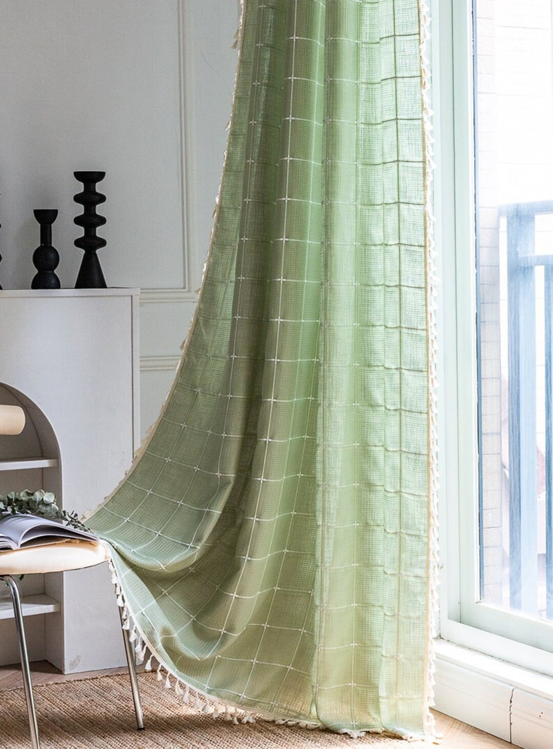 Cotton Linen Green Curtain, New Farmhouse Curtain, Bedroom Living Room Half Shading Curtain
