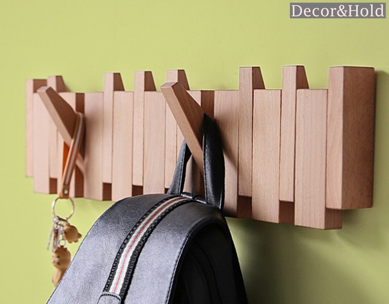 Modern Walnut Wall Hook Rack Foldable Wooden Hooks Decorative Coat Hooks Handmade unique Hanger image 1