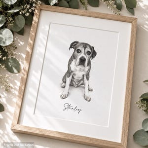 May include: A black and white pencil sketch portrait of a dog sitting, centred within a light wood frame. The drawing features the name Stanley written in a cursive script below the dog. The artwork is presented on a white background.