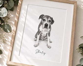 Custom Pet Portrait from Photo - Black and White Pencil Style Illustration