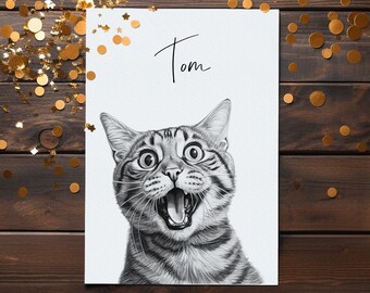 Custom Funny Pet Portrait: Hilarious Cat Caricature in Pencil Sketch Style - Truly Unique & Comical!
