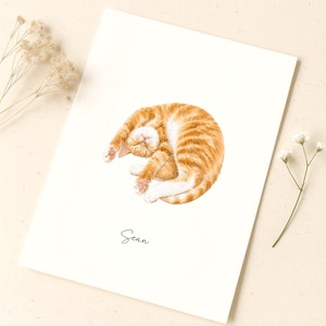 May include: A white rectangular print featuring a detailed illustration of a curled-up orange tabby cat with white markings. Below the cat, the name Sean is printed in a simple black script font. The artwork is displayed on a light surface.