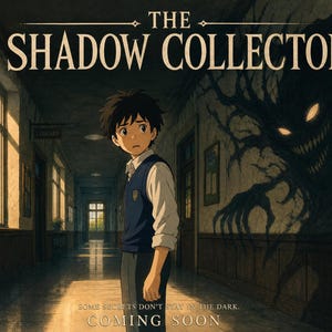 May include: An anime-style illustration titled THE SHADOW COLLECTOR featuring a young person in a school uniform standing in a hallway. A dark, clawed shadow creature with glowing yellow eyes looms on the wall. Text reads SOME SECRETS DON'T STAY IN THE DARK.
