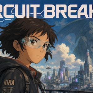 Può includere: Un'illustrazione digitale intitolata CIRCUIT BREAKER che mostra una persona con capelli scuri corti che indossa occhiali protettivi trasparenti e una giacca scura con il nome KIRA. Lo sfondo mostra uno skyline cittadino futuristico con una grande statua di gargoyle, nuvole e cartelloni blu con testo, incluso SYNAPSE CORP.