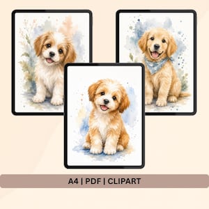Puede incluir: Tres tabletas digitales que muestran ilustraciones en acuarela de cachorros. Arriba a la izquierda un cachorro marrón y blanco, arriba a la derecha un cachorro dorado con pañuelo azul, y en el centro un cachorro marrón claro. El texto dice A4 | PDF | CLIPART.