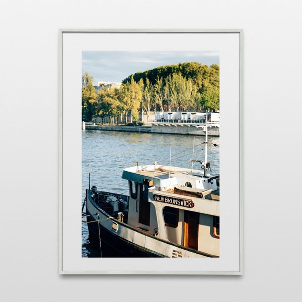 Parisian boat on the Seine river, travel photography, printable wall art, instant digital download