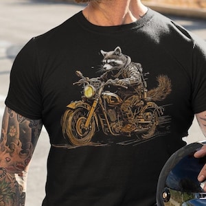 Waschbär Motorrad Biker Shirt, Vintage Herren T-Shirt, lustiges Tierliebhaber Grafik T-Shirt, Retro Motor Bike Geschenk
