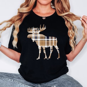 Moose Shirt, Moose Shirt for Women, Moose T-Shirt, Moose Camp Shirt, Moose Lover Shirt, Mountain Moose Shirt, Moose Gift, Tan Plaid Moose