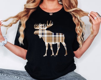 Moose Shirt, Moose Shirt for Women, Moose T-Shirt, Moose Camp Shirt, Moose Lover Shirt, Mountain Moose Shirt, Moose Gift, Tan Plaid Moose