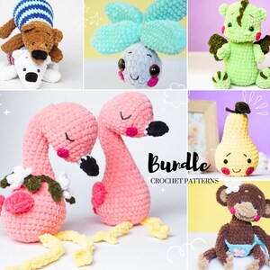 May include: A crochet pattern bundle featuring a variety of adorable amigurumi designs, including a flamingo, a pear, a monkey, a butterfly, and a dragon. The patterns are available for download and include instructions for creating each character.