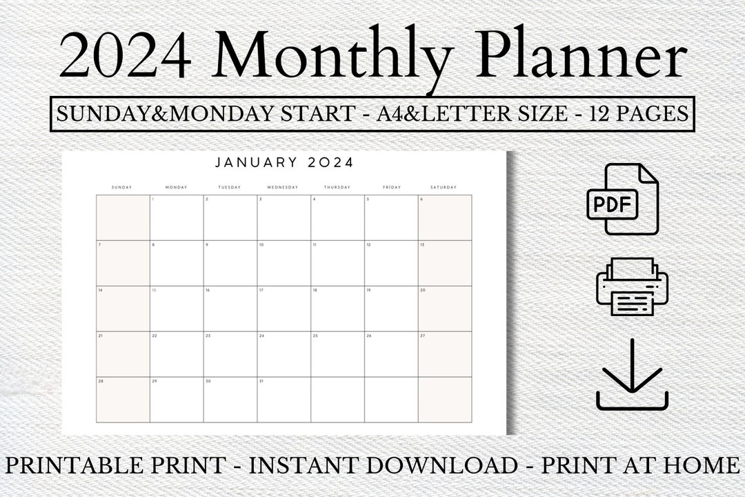 2024 Monthly Planner Sunday & Monday Start 2024 Minimal - Etsy