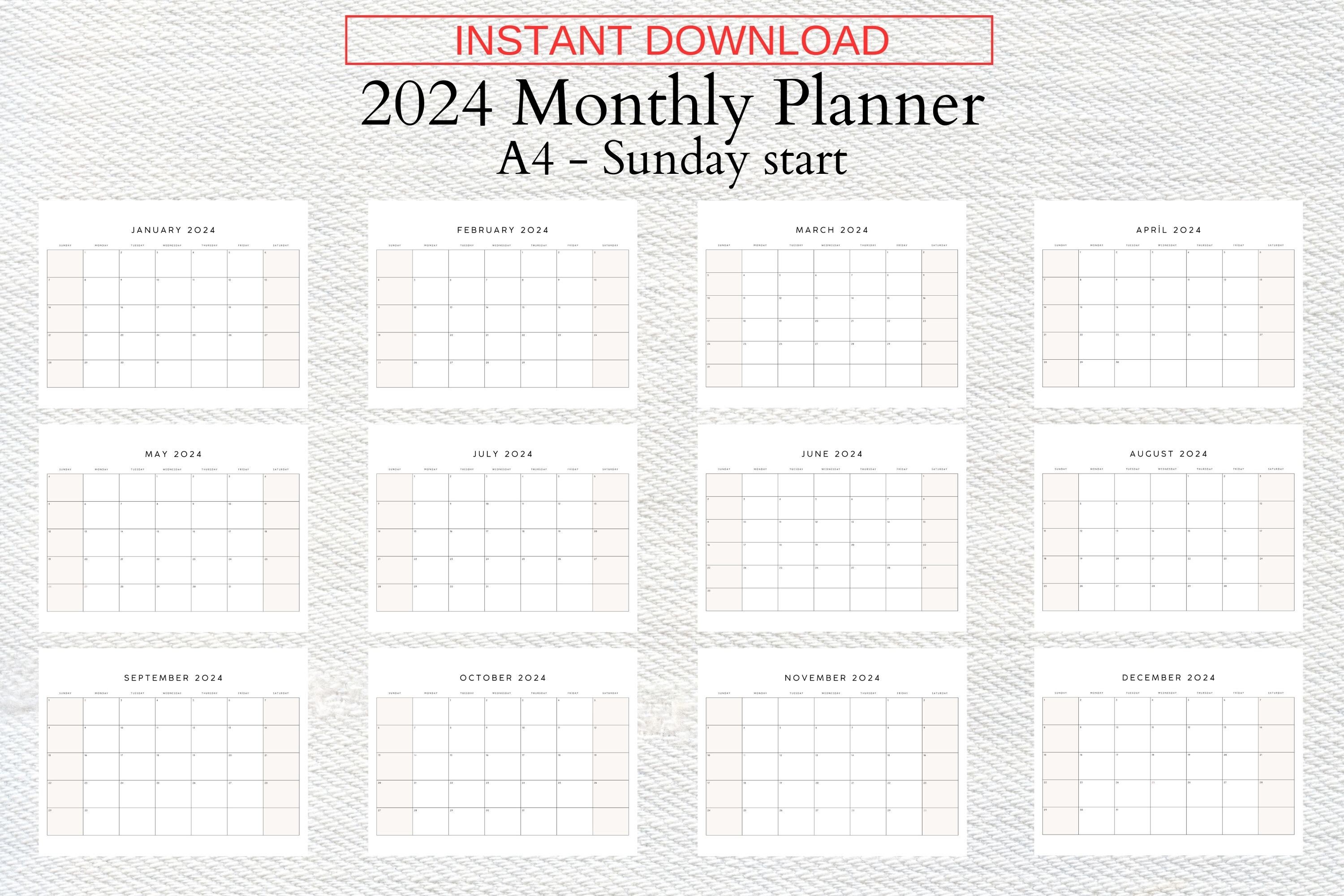 2024 Monthly Planner Sunday & Monday Start 2024 Minimal - Etsy