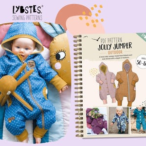 May include: A PDF sewing pattern for a Jolly Jumper, a hooded jumpsuit for children. The pattern is for sizes 50-122 and includes instructions for making the jumper with a zipper or buttons. The cover of the pattern features a child wearing a blue and white polka dot Jolly Jumper.