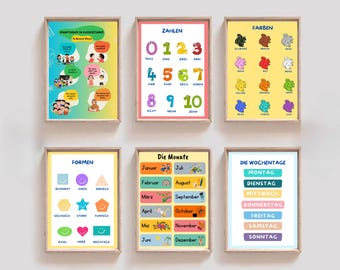 German Classroom Poster Set: Numbers, Colors, Shapes (Digital Download)
