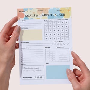 Może przedstawiać: Notatnik Goals & Habit Tracker trzymany w dłoniach. Notatnik zawiera sekcje na nowe nawyki, motywację i plan działania dla celów. Zawiera siatkę kalendarza do śledzenia codziennych postępów, z miejscem na notatki i sekcją przeglądu.