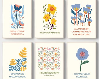 Neurodiversity Floral Art Prints, Inclusive Classroom Decor, Set of 6 (Digital Download)