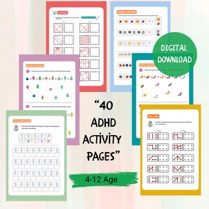 May include: A set of 40 printable activity pages designed for children aged 4-12 with ADHD. The pages feature various activities such as pattern recognition, line coding, and visual completion. The text "40 ADHD Activity Pages" and "4-12 Age" is printed on the pages.