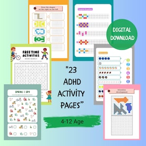 May include: A set of printable activity pages for children aged 4-12. The pages feature a variety of activities, including word searches, pattern completion, counting, and attention development exercises. The pages are designed to help children with ADHD develop their cognitive skills.