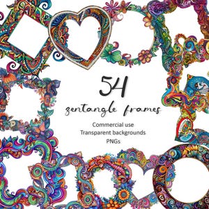 Könnte beinhalten: 54 bunte, komplizierte, digitale Rahmen mit einem Zentangledesigns. Die Rahmen sind in verschiedenen Formen, darunter Kreise, Herzen und Quadrate. Der Text "54 zentangle frames" befindet sich in der Mitte des Bildes. Der Text "Commercial use Transparent backgrounds PNGs" befindet sich unter dem Text "54 zentangle frames".