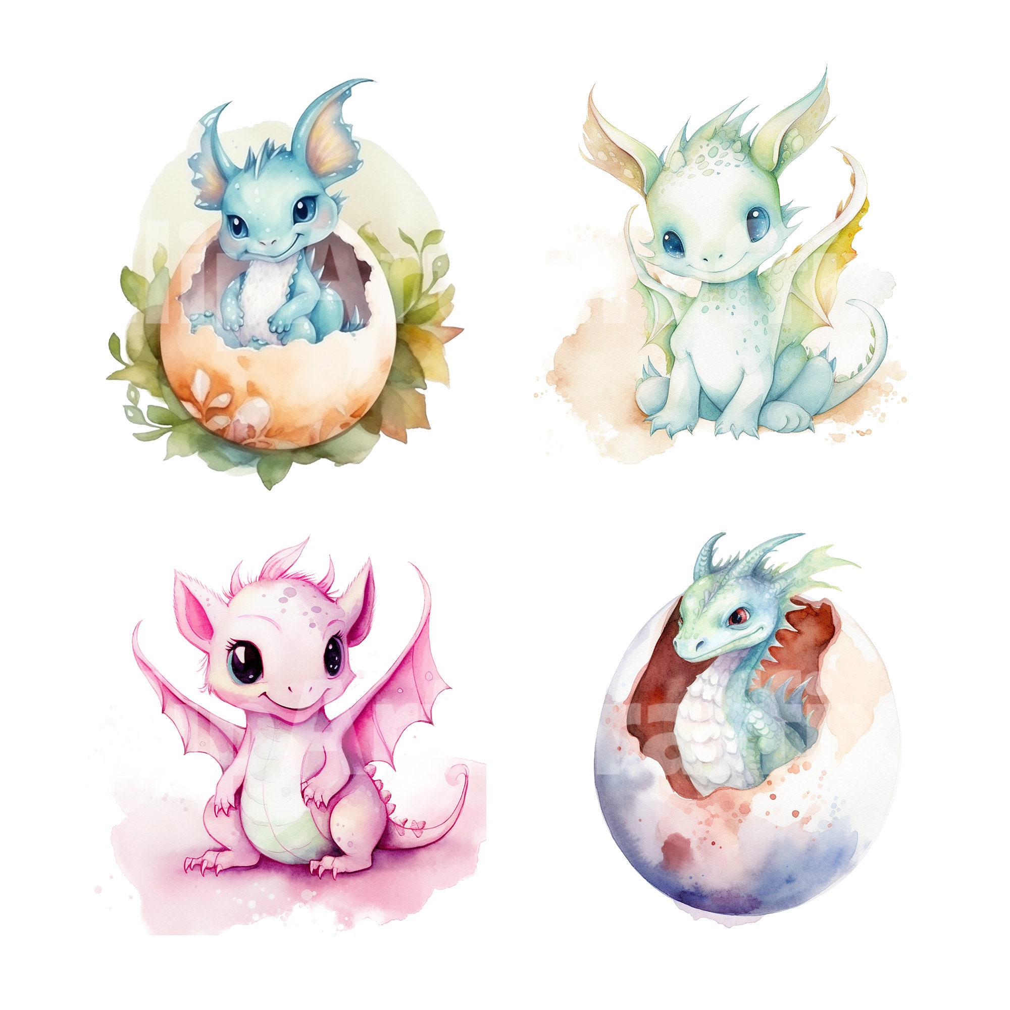 Watercolor Baby Dragon Clipart PNG Set, Cute Fantasy Dragons for ...
