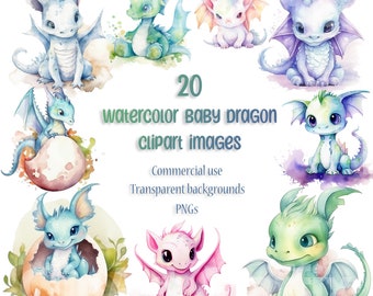 Könnte beinhalten: 20 Aquarell-Clipart-Bilder von Baby-Drachen. Die Bilder zeigen Drachen in verschiedenen Farben, darunter Blau, Grün, Pink und Lila. Einige Drachen befinden sich in Eiern, während andere auf dem Boden sitzen. Alle Bilder haben transparente Hintergründe.