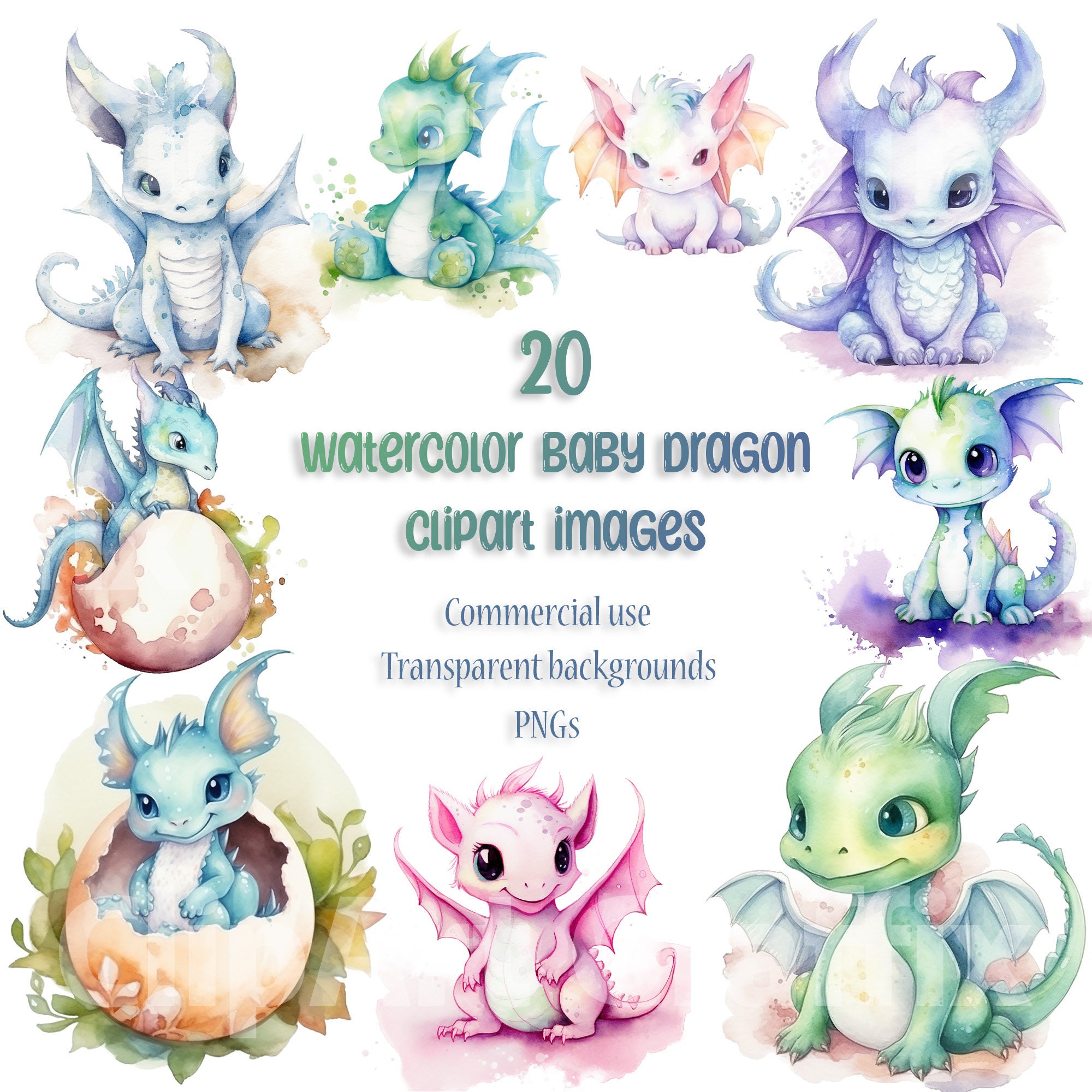 Watercolor Baby Dragon Clipart PNG Set, Cute Fantasy Dragons for ...