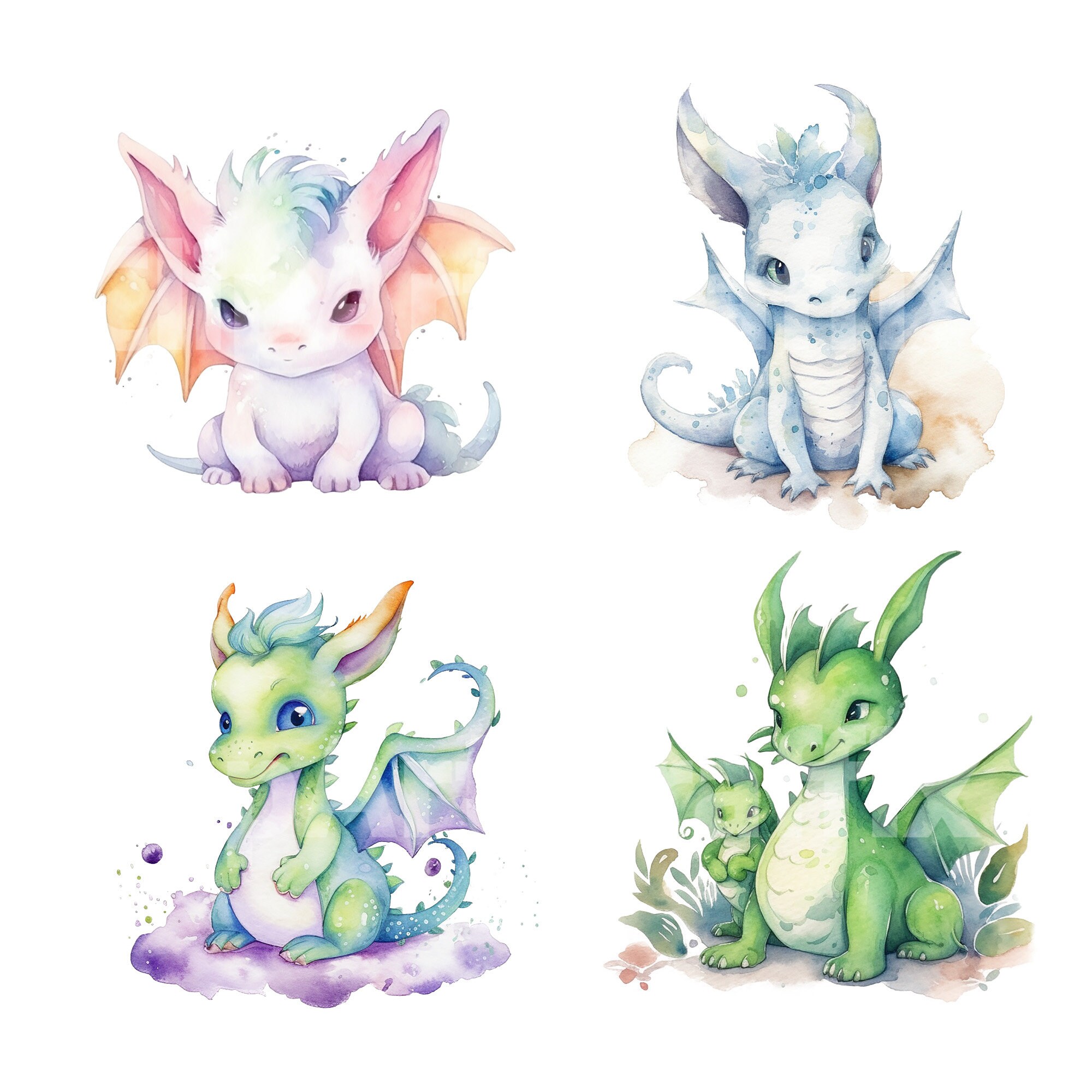 Watercolor Baby Dragon Clipart PNG Set, Cute Fantasy Dragons for ...
