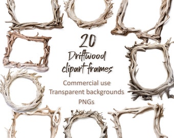 Realistic driftwood clipart frames digital download transparent backgrounds commercial use scrapbook photo frames borders PNG frames