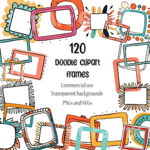 120 marcos de imágenes prediseñadas de doodle marco digital clip art uso comercial bordes de doodle marcos imprimibles descarga digital fondos transparentes