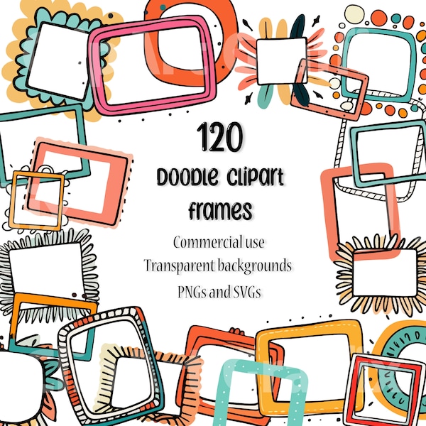 120 doodle clipart frames digital frame clip art commercial use doodle borders printable frames digital download transparent backgrounds