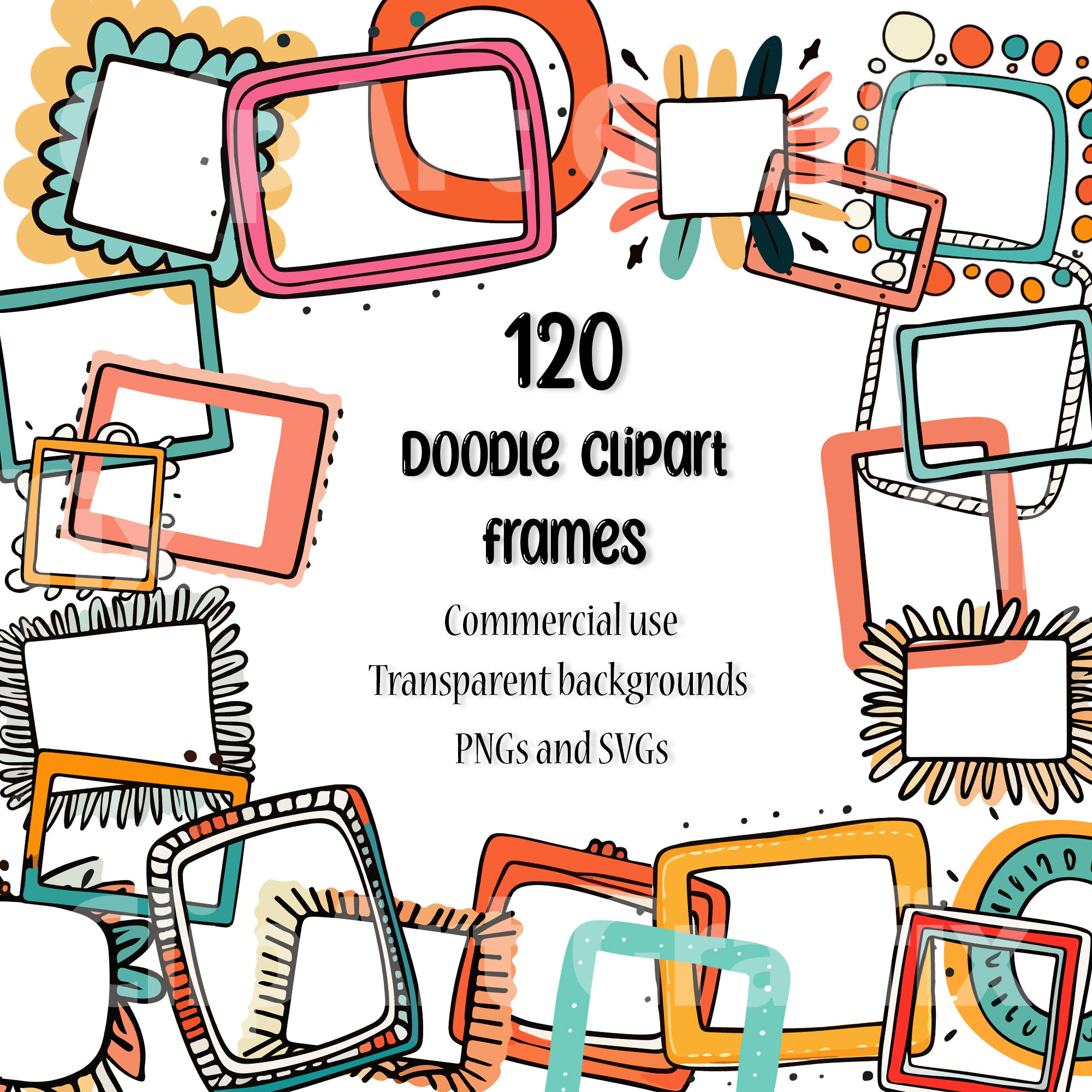 120 doodle clipart frames digital frame clip art commercial use doodle borders printable frames digital download transparent backgrounds