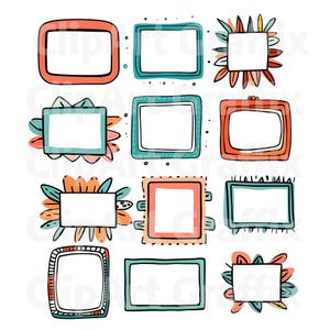 Peut inclure: Ensemble de douze cadres rectangulaires color&eacute;s dessin&eacute;s &agrave; la main, avec des int&eacute;rieurs blancs. Les cadres pr&eacute;sentent divers motifs, notamment floraux et g&eacute;om&eacute;triques, dans des tons orange, turquoise et rose, parfaits pour l'art num&eacute;rique ou le scrapbooking.