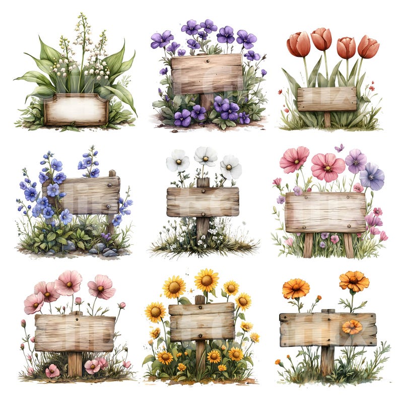 Flower Garden Sign Clipart | Watercolor Floral PNG Elements for Labels ...
