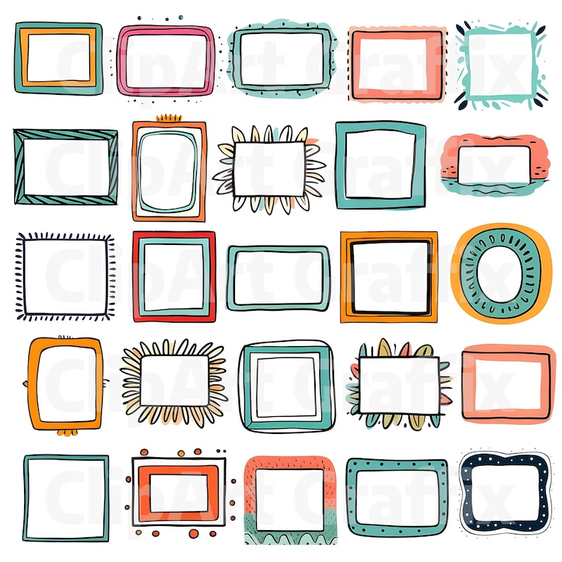 Peut inclure: Une collection de vingt-cinq cadres color&eacute;s dessin&eacute;s &agrave; la main avec des centres blancs. Les cadres varient en forme et en style, avec une gamme de couleurs comprenant le sarcelle, le rose, l'orange et le bleu. Certains cadres ont des bordures d&eacute;coratives.