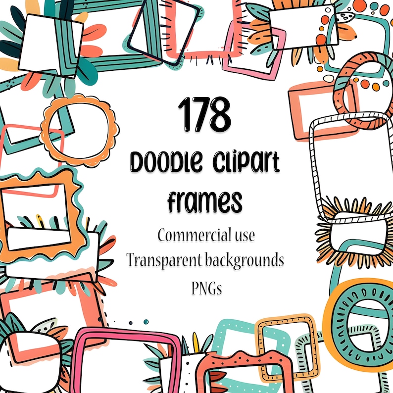 Set of 178 colorful doodle clipart frames with abstract hand drawn borders, retro geometric shapes and playful decorative elements. Digital download PNG bundle with transparent backgrounds for sublimation, scrapbooking, invitations, stickers, planners, social media graphics and DIY crafts.