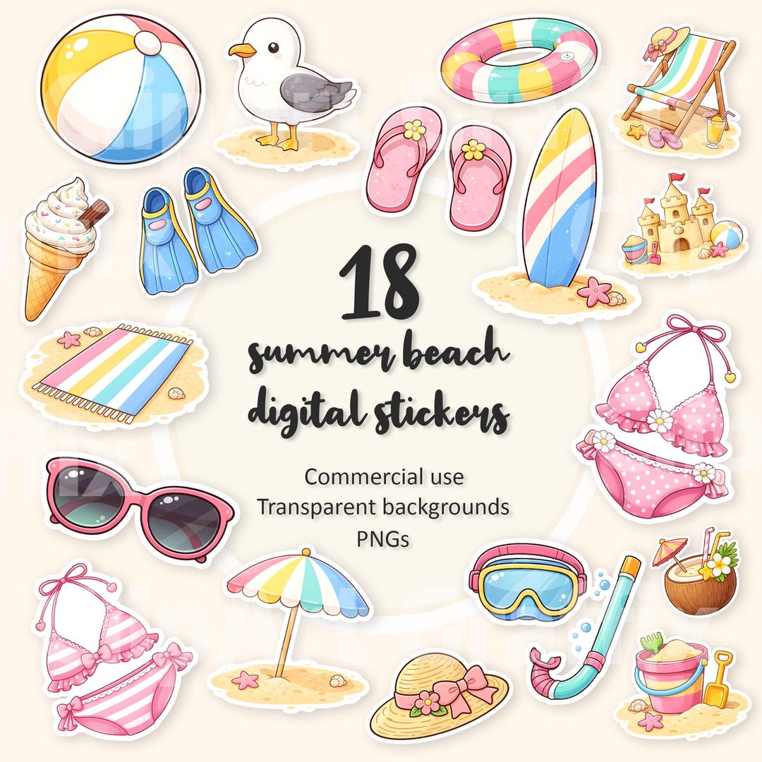 Summer Beach Clipart Stickers Bundle | Cute Coastal PNG Elements ...