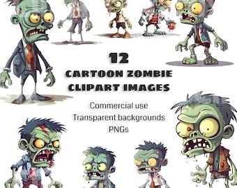 May include: Twelve cartoon zombie clipart images with transparent backgrounds. The zombies are in various poses and expressions, including a zombie in a suit, a zombie with a bandage on its head, and a zombie with a bloody mouth.