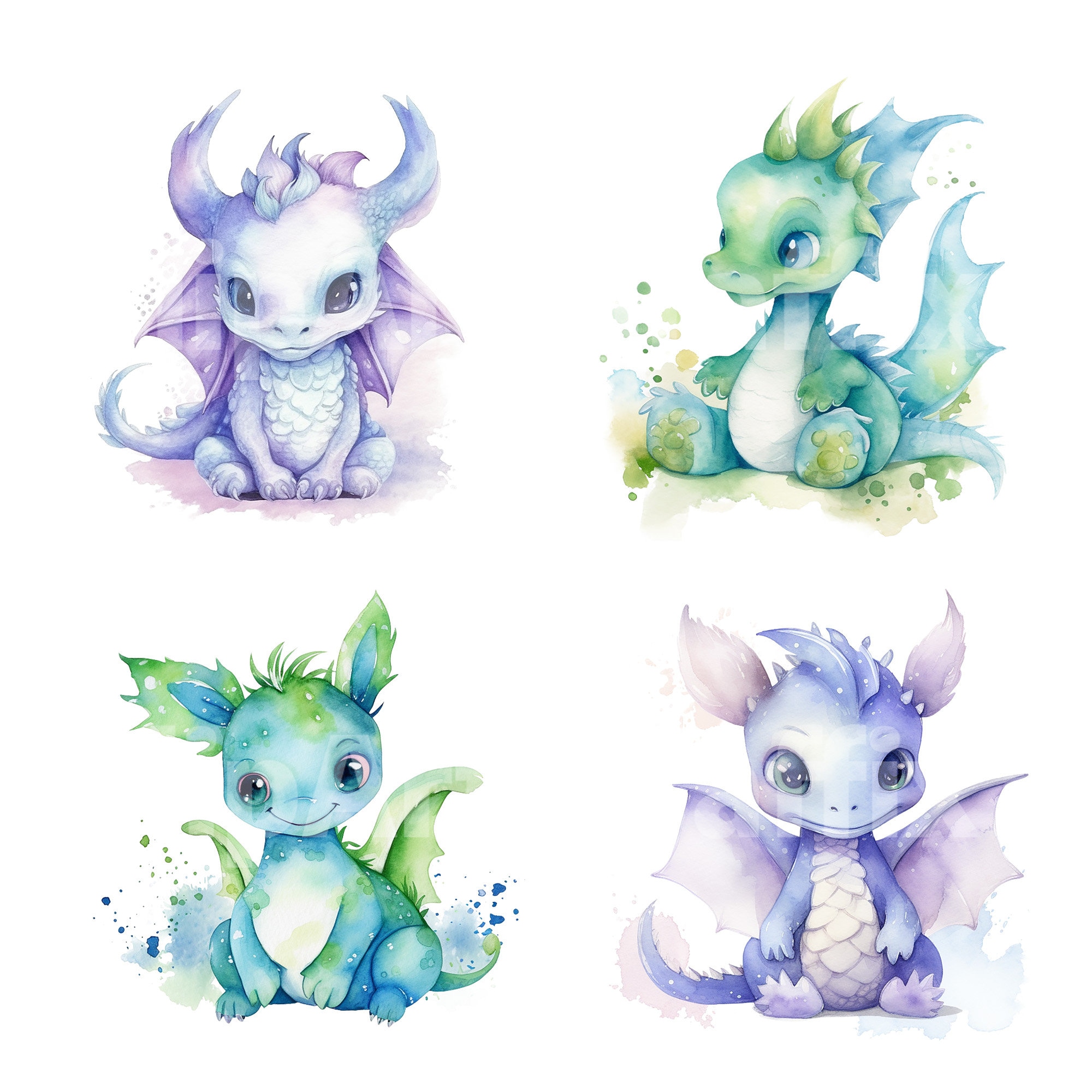 Watercolor Baby Dragon Clipart PNG Set, Cute Fantasy Dragons for ...