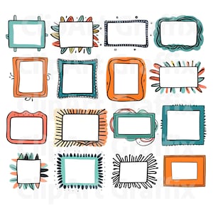 Peut inclure: Une collection de seize cadres rectangulaires dessin&eacute;s &agrave; la main, de couleurs et de styles vari&eacute;s. Chaque cadre a un int&eacute;rieur blanc, avec des bordures d&eacute;coratives dans les tons de bleu, orange, vert et noir. Les cadres sont soulign&eacute;s &agrave; l'encre noire.