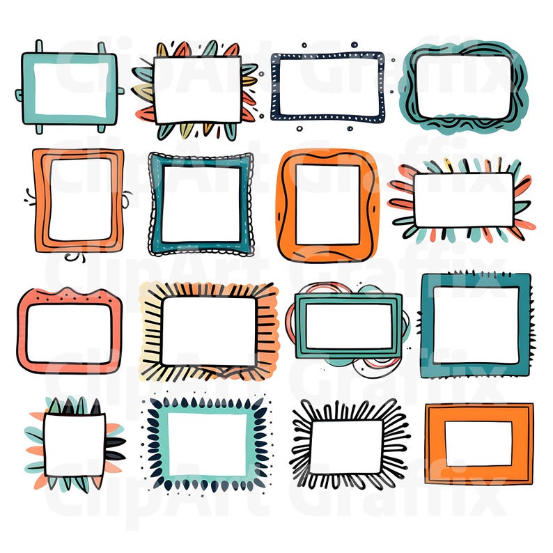 Peut inclure: Une collection de seize cadres rectangulaires dessin&eacute;s &agrave; la main, de couleurs et de styles vari&eacute;s. Chaque cadre a un int&eacute;rieur blanc, avec des bordures d&eacute;coratives dans les tons de bleu, orange, vert et noir. Les cadres sont soulign&eacute;s &agrave; l'encre noire.