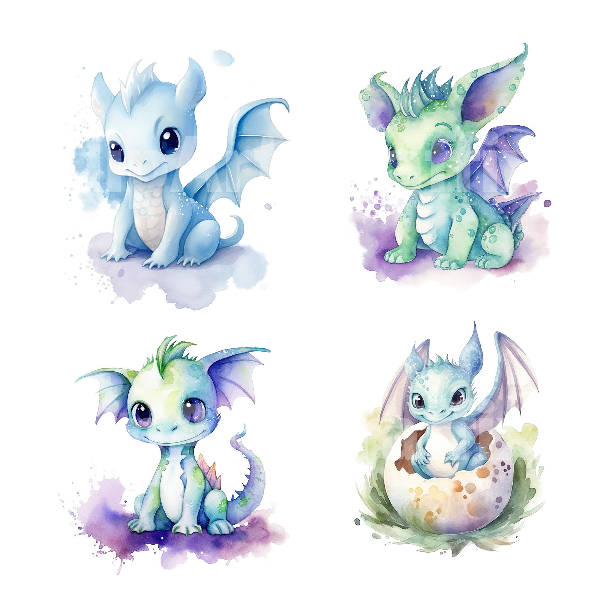 Watercolor Baby Dragon Clipart PNG Set, Cute Fantasy Dragons for ...
