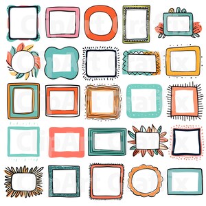 Peut inclure: Une collection de vingt-cinq cadres color&eacute;s dessin&eacute;s &agrave; la main, de formes et de tailles vari&eacute;es. Les cadres pr&eacute;sentent une vari&eacute;t&eacute; de couleurs, notamment le bleu, l'orange, le rose et le vert, avec des contours noirs. Certains cadres ont des &eacute;l&eacute;ments floraux ou d&eacute;coratifs.