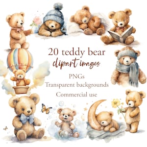 Watercolor teddy bear clipart nursery clip art baby shower clipart commercial use transparent backgrounds printable digital download