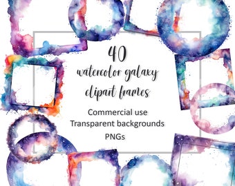 Watercolor galaxy frame clipart space frames clipart photo frames digital border cosmic high quality pngs commercial use digital download