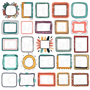 Peut inclure: Une collection de vingt-cinq cadres dessin&eacute;s &agrave; la main de diff&eacute;rentes formes et couleurs. Les cadres comprennent des designs carr&eacute;s, rectangulaires et circulaires, avec des bordures d&eacute;coratives et des centres blancs vierges. La palette de couleurs comprend l'orange, le vert, le rose et le jaune.