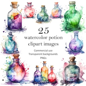 Watercolor potion clipart PNGs | Magical bottles, elixirs and fantasy elements for crafts, cards, invitations | Digital download
