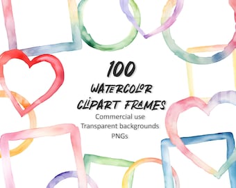 May include: A collection of 100 watercolor clipart frames in various shapes, including squares, circles, and hearts. The frames are in a range of pastel colors, with text that reads "100 Watercolor Clipart Frames". The image also states "Commercial use, Transparent backgrounds, PNGs."