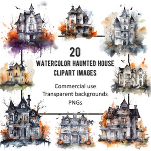 Watercolor haunted house clipart bundle Halloween clip art Halloween PNG commercial use high quality instant download digital download