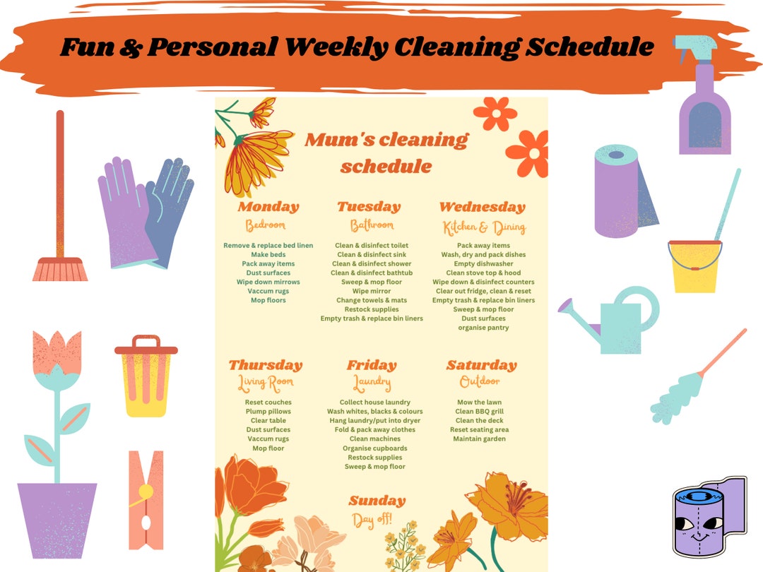 Fun Personalizable Editable Printable Weekly Cleaning Schedule Template ...