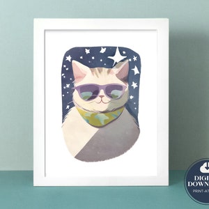 Colourful Cool Space Kitty Cat Print for Girls / Boys Room, Colorful Gallery, Wall Print, Playroom Art Print, Fun Nursery Decor, Eclectic